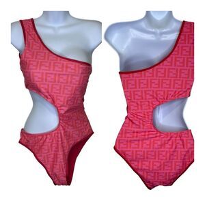 NWT FENDI Pink Logo One-Shoulder Cutout One Piece Swimsuit Size Large